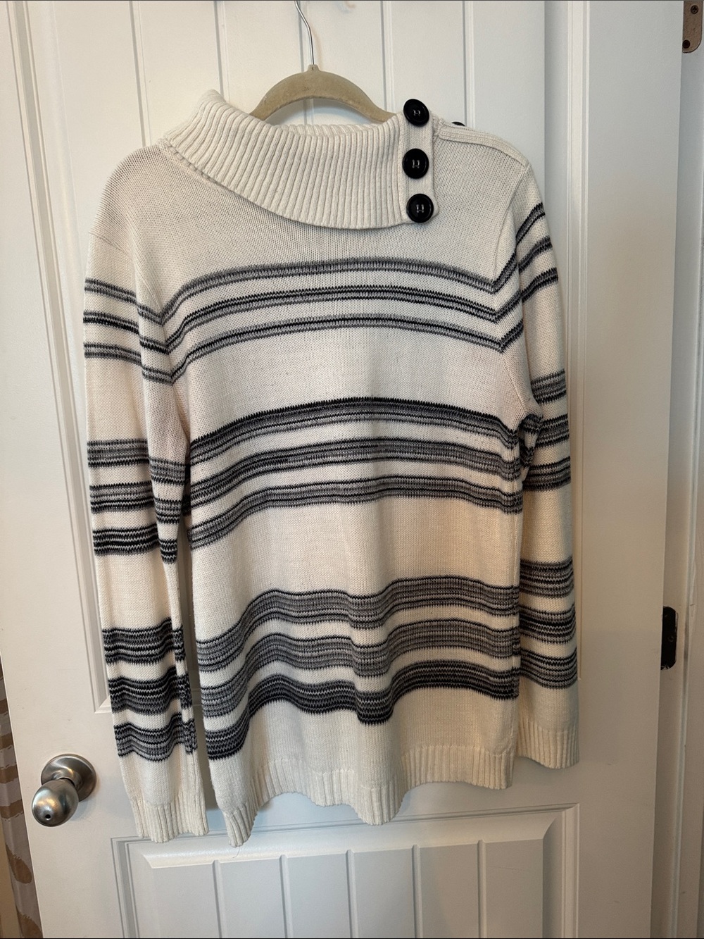 Ashley Stewart Cream and Charcoal Striped Button-Shoulder Turtleneck Sweater